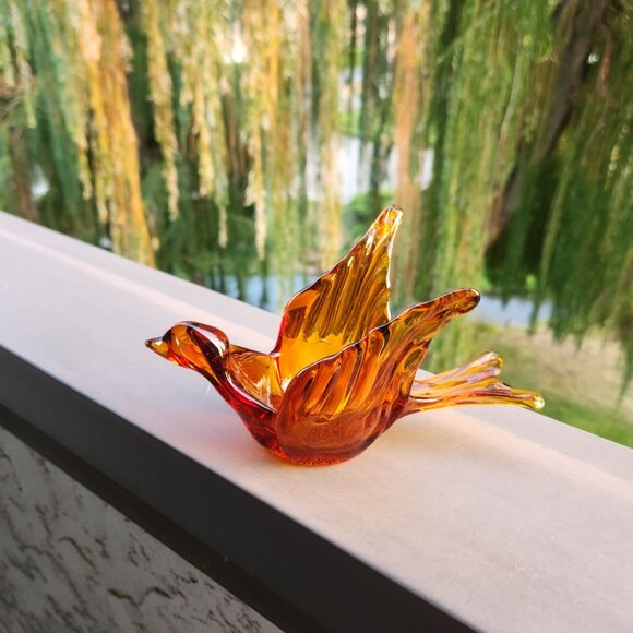 Amber Glass Bird in Flight Votive Holder 8 in wide 4 in high Tea Light Holder - Picture 1 of 9